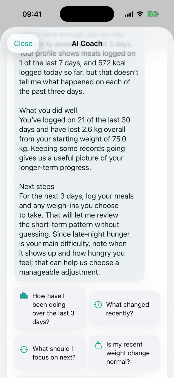 Coach reply listing what went well and next steps