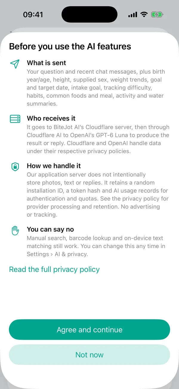 AI consent screen explaining what is sent, who receives it and how it is handled