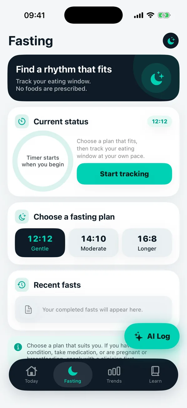 Fasting screen with plan choices
