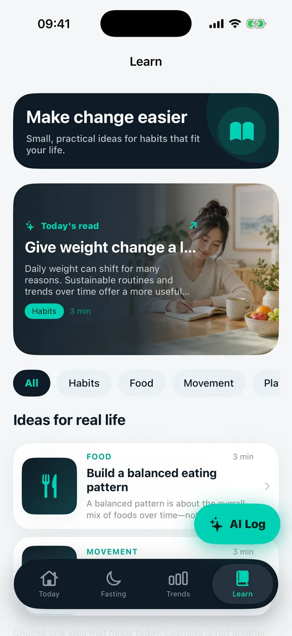 Learn screen with article cards on habits, food and movement