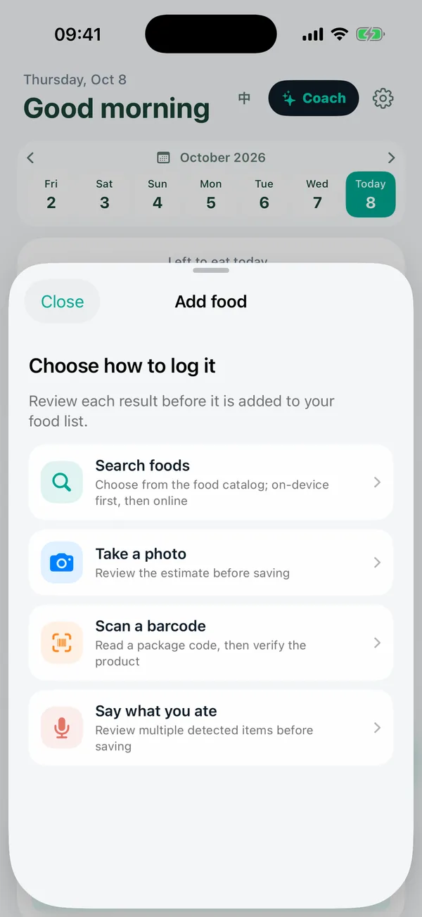Add food screen with four ways to log: search, photo, barcode and voice