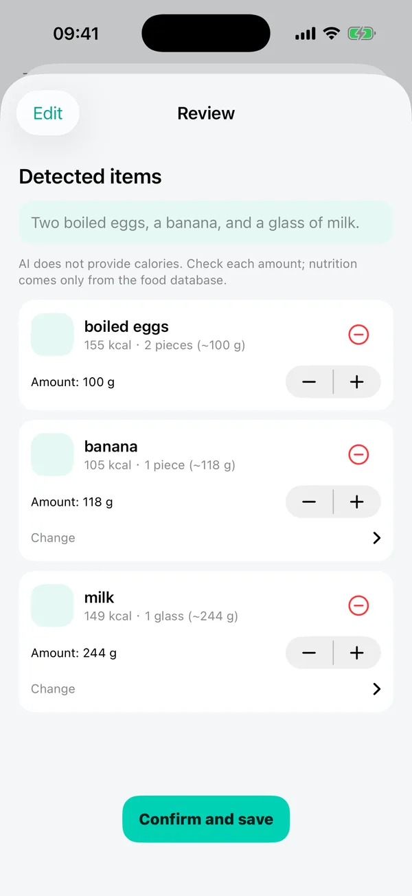 Review screen listing boiled eggs, a banana and milk with calories and amounts